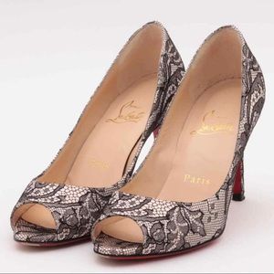 Christian Louboutin Lace Open Toe Pumps Womens Black x Beige SHELLEY